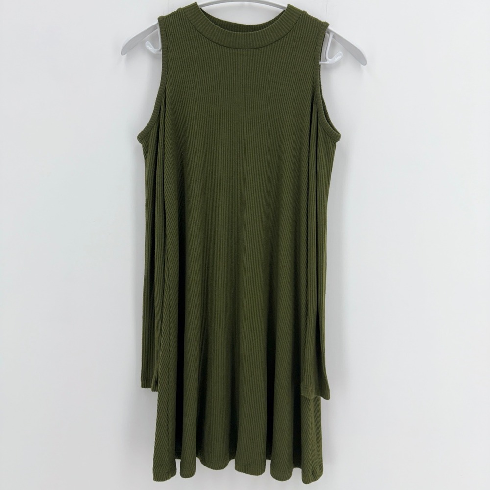 Planet Gold Womens Ribbed Cold Shoulder Mini Dress Olive Green Mock Neck‎ Size M